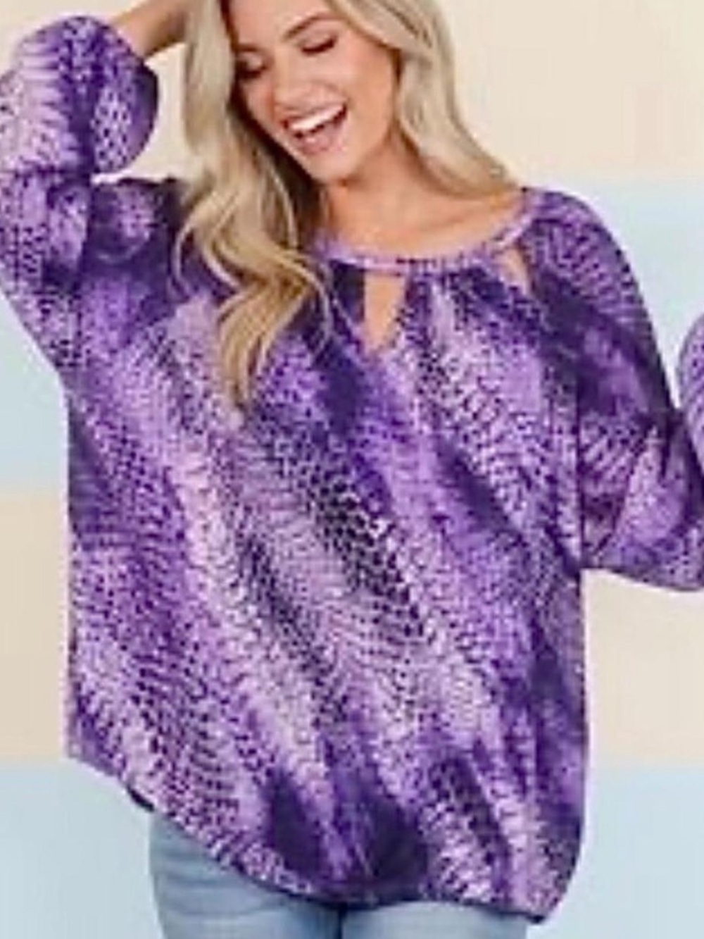 Jennifer Lopez Y2K Purple Snakeskin Print Keyhole Long Sleeve Sheer Top Size L